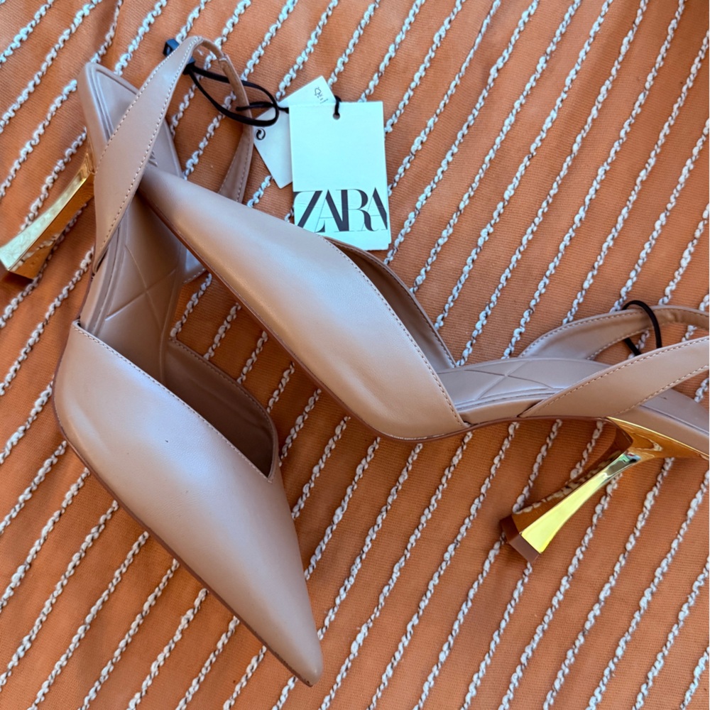 Zara Beige Pointed Toe Heels with Metallic Accents